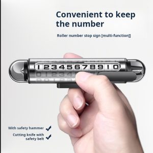 Car relocation sign with phone number, car window breaker, temporary parking number plate, vehicle-mounted car relocation sign, mobile phone interior vehicle use.